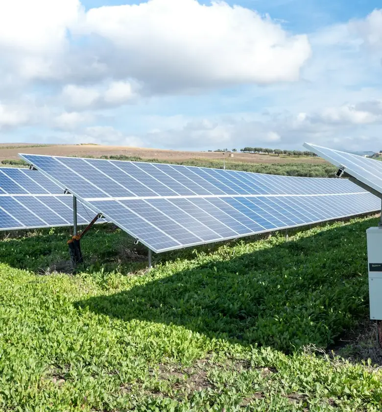 Usina solar em solo com fileiras de módulos sob céu azul