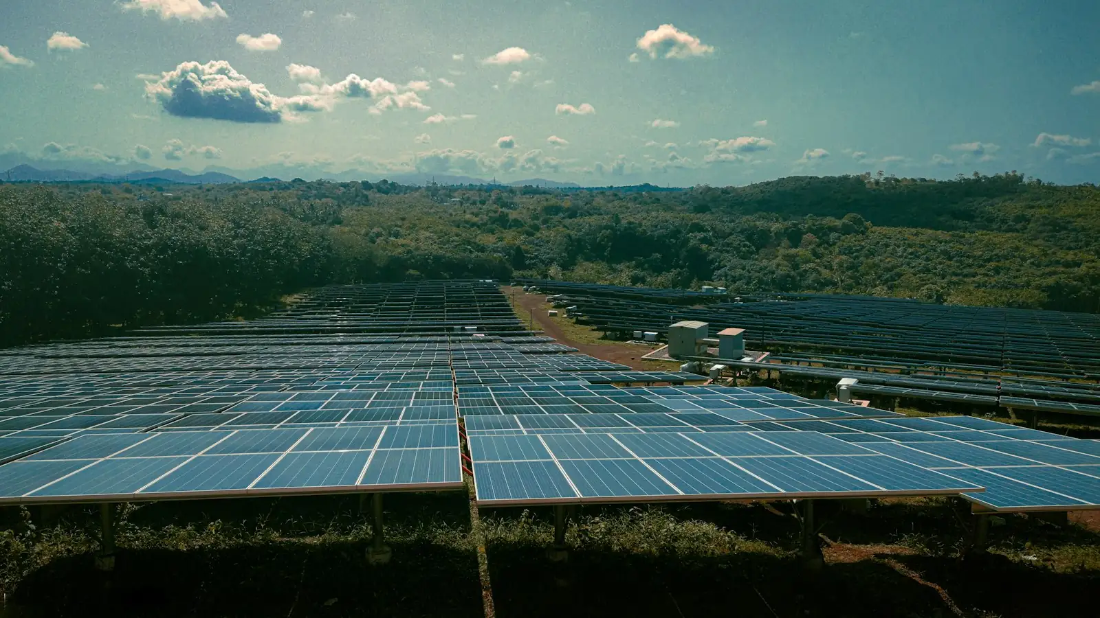 Usina solar de grande porte com muitas fileiras de módulos