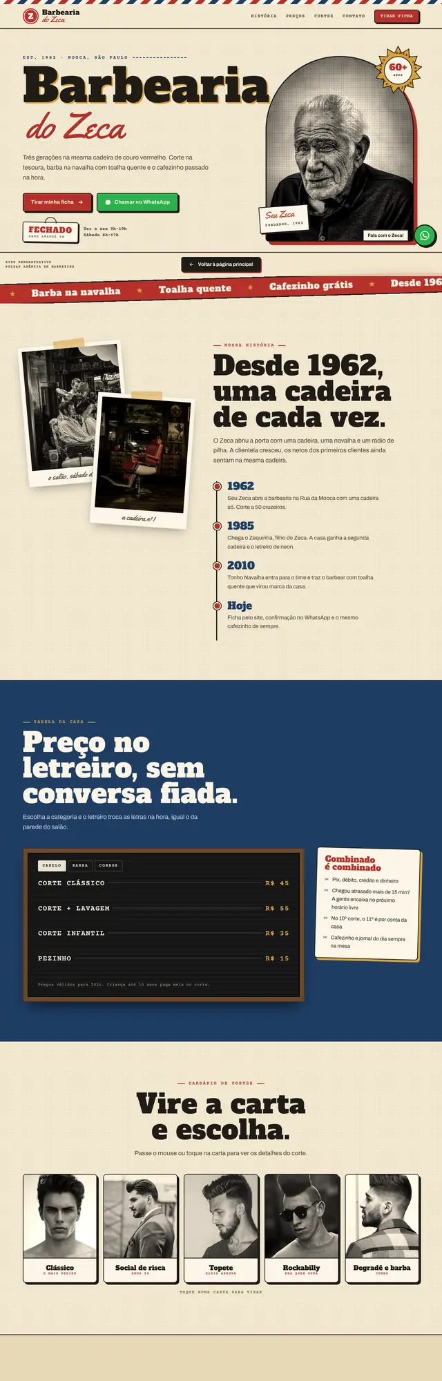 Página inicial do site Barbearia do Zeca