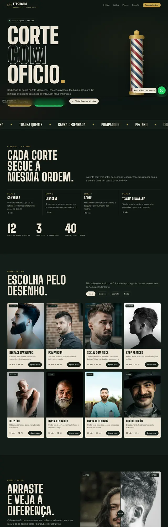 Página inicial do site Barbearia Ferrugem