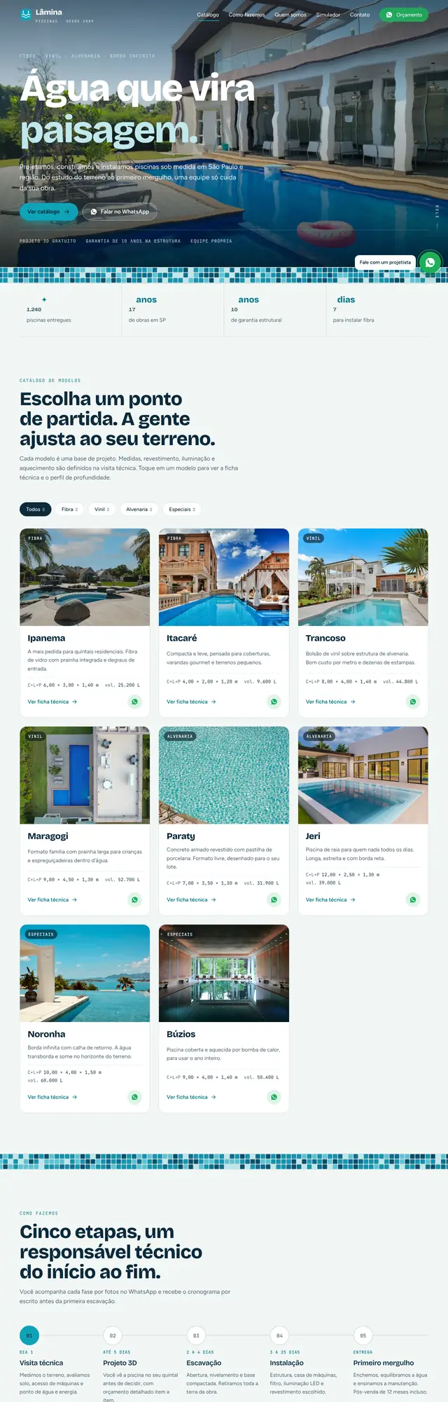 Página inicial do site Lâmina Piscinas