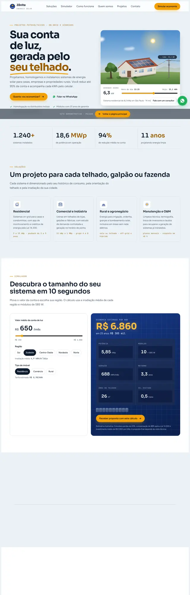 Página inicial do site Zênite Energia Solar